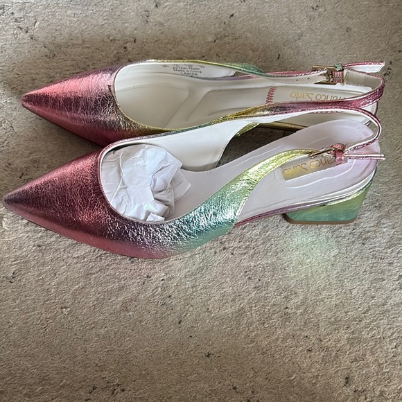 Elegant Women's Slingback Heels - Navy Blue, Cream, and Pink with green - Picture 2 of 8